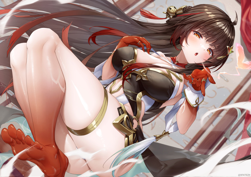 animal armpits bare_legs bare_shoulders barefoot blowing_kiss blush breasts brown_hair cleavage colored_skin commentary_request detached_sleeves dress female gold_thighlet gold_trim gradient_skin hair_intakes highres honkai:_star_rail honkai_(series) jewelry knees_up lingsha_(honkai:_star_rail) long_hair looking_at_viewer multiple_rings open_mouth pointy_ears red_eyes red_skin ring solo tassel thick_thighs thighs toes xfate