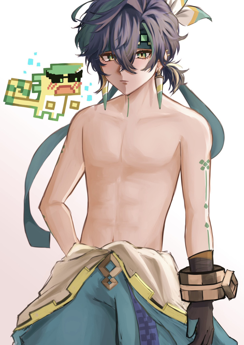 1boy 1other ajaw_(genshin_impact) arm_tattoo black_gloves black_hair closed_mouth earrings genshin_impact gloves green_eyes green_hair green_shorts hair_between_eyes headband highres jewelry kinich_(genshin_impact) looking_at_viewer male_focus midorimasann multicolored_hair muscular muscular_male navel short_hair shorts stomach tattoo topless_male