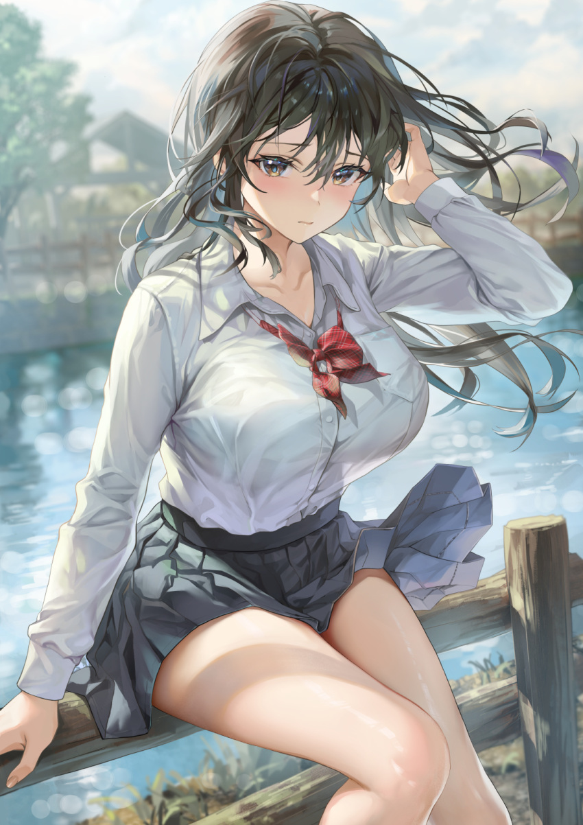 black_hair black_skirt blush bow bowtie breasts brown_eyes closed_mouth collarbone collared_shirt commentary_request female hand_in_own_hair hand_up highres large_breasts long_sleeves looking_at_viewer original outdoors pleated_skirt red_bow red_bowtie sage_joh shirt shirt_tucked_in sitting skirt solo thighs white_shirt