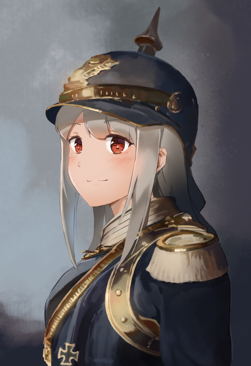 blue_headwear blue_jacket blush breasts brown_eyes closed_mouth combat_helmet commentary cosplay cross cuirass epaulettes female genderswap_(mtf) gradient_background grey_background grey_hair helmet highres iron_cross jacket long_hair looking_ahead looking_at_viewer looking_to_the_side medium_breasts military_uniform original otto_von_bismarck otto_von_bismarck_(cosplay) pickelhaube portrait real_life red_eyes rule_63 sidelocks smile soldier solo unicron_(brous) uniform upper_body