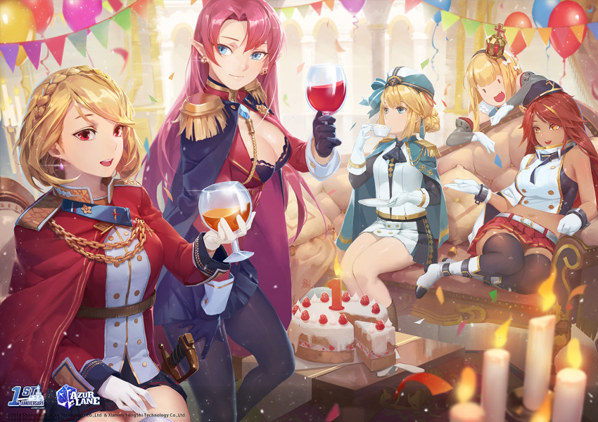 5girls :d alcohol anniversary azur_lane balloon baraba_baba bare_shoulders belt beret black_bra black_cape black_gloves black_hairband black_headwear black_pantyhose black_skirt black_socks blonde_hair blue_cape blue_eyes bra braid breasts brown_thighhighs cake cake_slice candle cape chains chair cleavage confetti copyright_name crown crown_braid cup cupping_glass dark-skinned_female dark_skin drinking_glass duke_of_york_(azur_lane) earrings epaulettes fire food french_braid full_body gem gloves hair_between_eyes hair_over_one_eye hairband hardy_(azur_lane) hat high_heels holding indoors jacket jamaica_(azur_lane) jewelry long_hair long_sleeves looking_at_viewer looking_to_the_side medium_breasts medium_hair mini_crown multicolored_cape multicolored_clothes multicolored_hair multicolored_skirt multiple_girls open_mouth pantyhose party pennant photoshop_(medium) pillow pink_hair pleated_skirt pointy_ears prince_of_wales_(azur_lane) purple_gemstone queen_elizabeth_(azur_lane) red_cape red_eyes red_hair red_jacket red_skirt saber_(weapon) sitting skirt sleeveless smile socks standing stomach straight_hair streaked_hair striped_clothes striped_hairband sword teacup thighhighs underwear uniform weapon white_belt white_footwear white_gloves white_thighhighs wine wine_glass yellow_eyes yokozuwari zettai_ryouiki