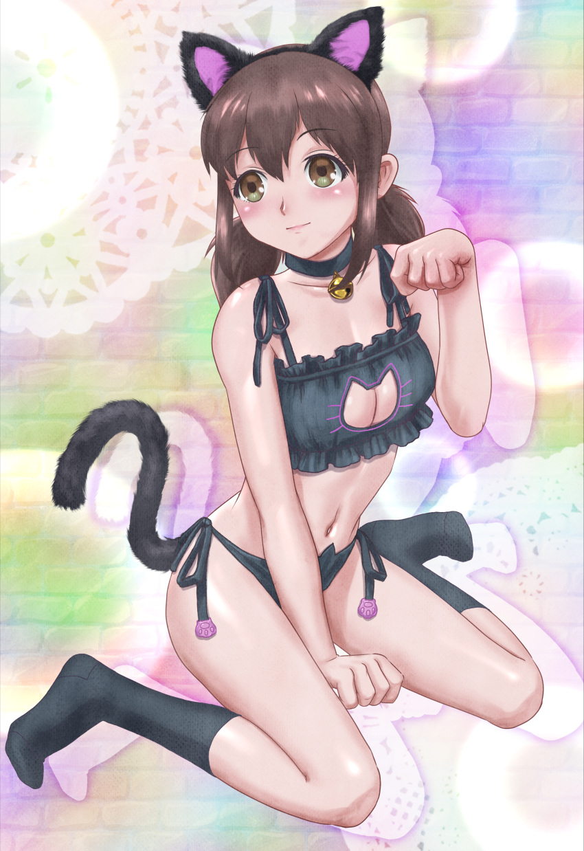 absurdres animal_ears bell black_bra black_choker black_panties black_socks bra breasts brown_eyes brown_hair cat_cutout cat_ear_panties cat_ears cat_lingerie cat_tail choker cleavage clothing_cutout doily fake_animal_ears fake_tail female frilled_bra frills full_body highres katayama_minami looking_to_the_side low_twintails maruyama_musashi medium_breasts medium_hair meme_attire navel neck_bell panties paw_print side-tie_panties sitting socks solo tail twintails underwear wake_up_girls!