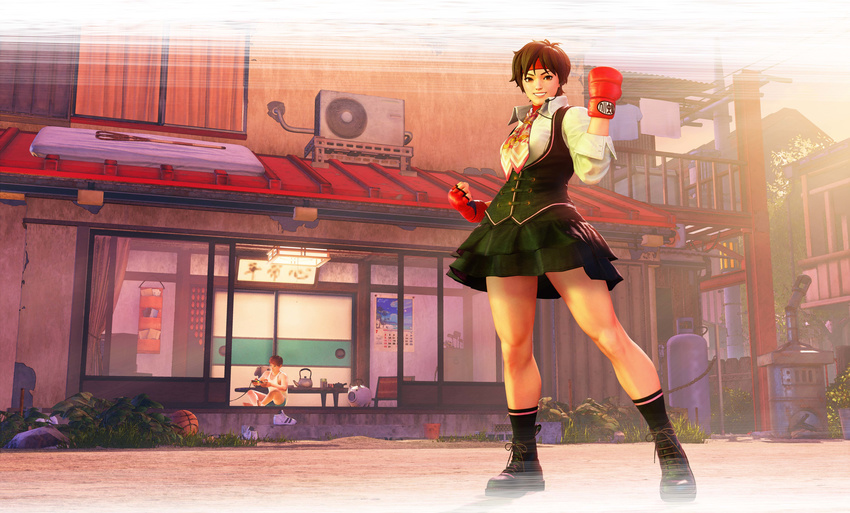 1boy absurdres boots brown_hair capcom employee_uniform female fingerless_gloves gloves headband headset highres house kasugano_sakura kasugano_tsukushi looking_at_viewer necktie official_art photoshop_(medium) red_gloves smile solo_focus street_fighter street_fighter_v uniform