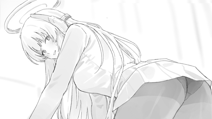 ass bent_over blue_archive blush female greyscale halo highres light_smile long_hair looking_at_viewer looking_back mikazuchi_zeus monochrome noa_(blue_archive) panties panties_under_pantyhose pantyhose parted_lips pleated_skirt skirt small_sweatdrop solo underwear