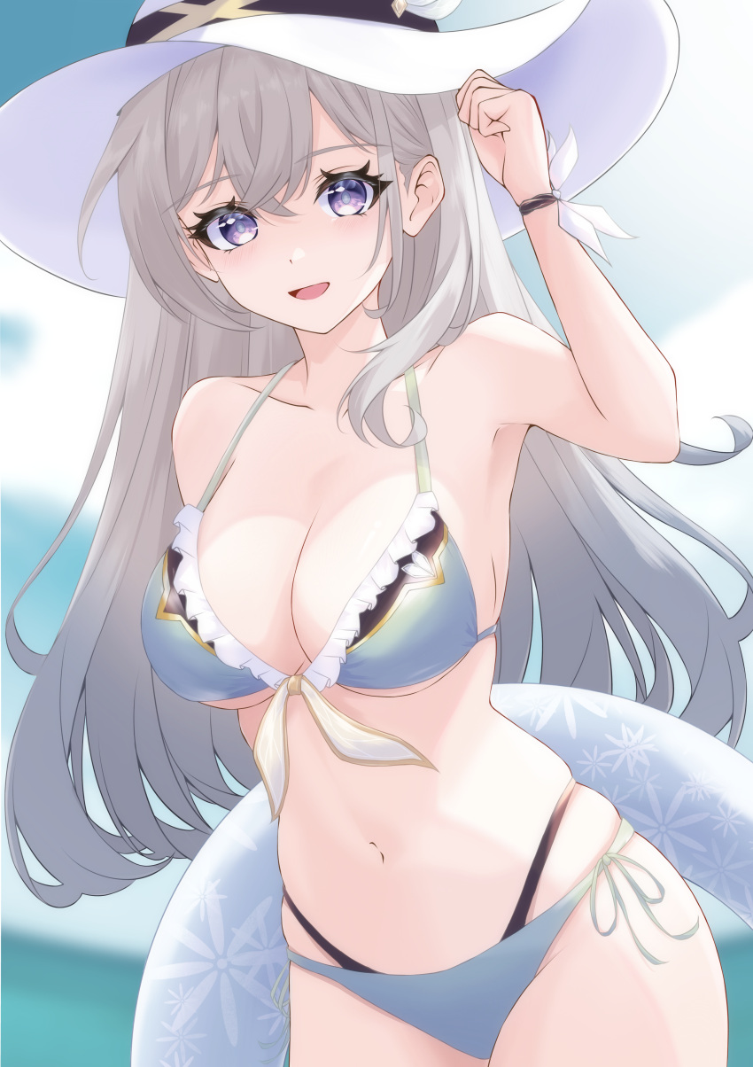 absurdres bikini blue_bikini blue_sky breasts cleavage commentary_request cowboy_shot female firefly_(honkai:_star_rail) frilled_bikini frills front-tie_top grey_hair halterneck hat highres honkai:_star_rail honkai_(series) large_breasts long_hair looking_at_viewer navel open_mouth outdoors partial_commentary purple_eyes reachizu side-tie_bikini_bottom sky smile solo stomach string_bikini sun_hat swimsuit