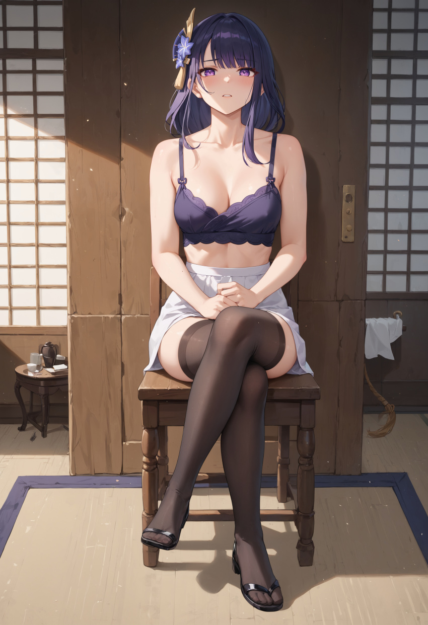 ai_generated crossed_legs female genshin_impact purple_hair raiden_shogun sitting stockings