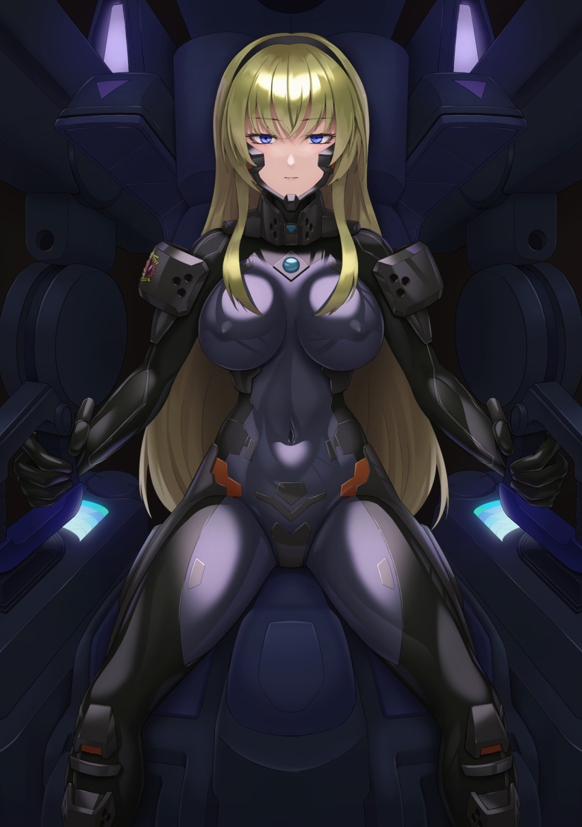 armored_bodysuit black_bodysuit blonde_hair blue_eyes bodysuit breasts cockpit controller covered_navel female fortified_suit hairband headgear highres impossible_bodysuit impossible_clothes irisdina_bernhard joystick kurione_(zassou) long_hair looking_at_viewer medium_breasts muv-luv muv-luv_alternative schwarzesmarken shiny_clothes sitting skin_tight solo straight-on