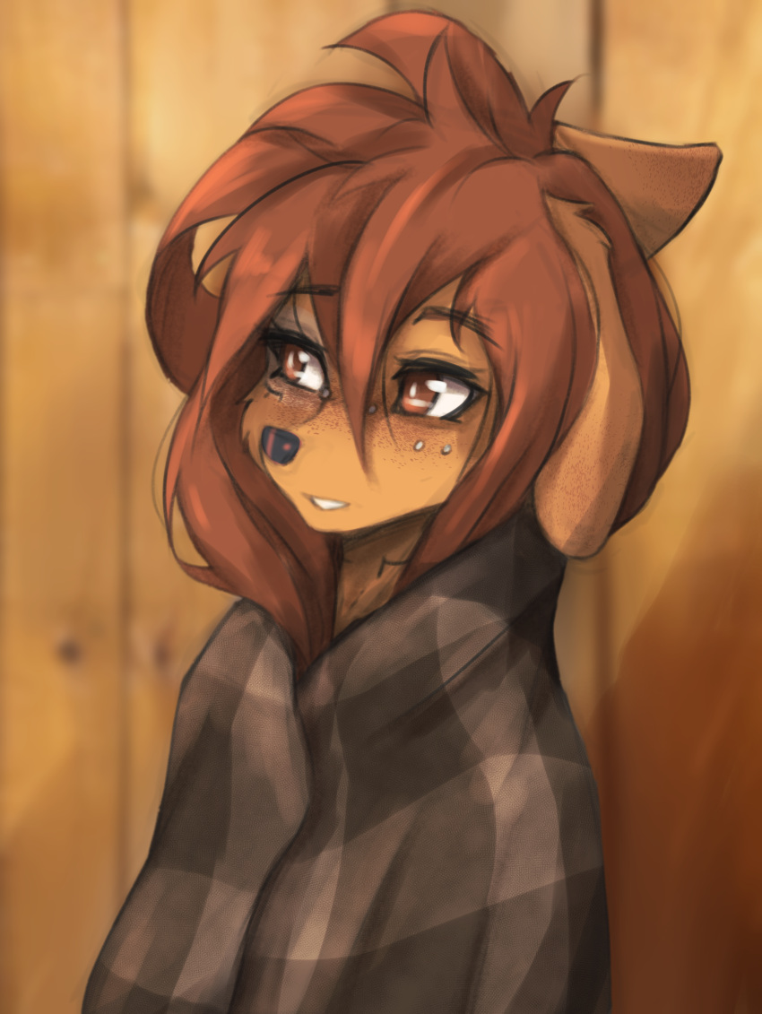 1girls apogee apogee_(tinygaypirate) blanket brown_eyes brown_fur brown_hair canine cute dog_ears dog_girl earring earrings female freckles fur furry furry_female furry_only long_hair piercing sfw solo tinygaypirate