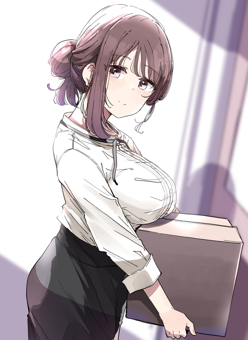 black_skirt blush box breast_rest breasts cardboard_box commentary_request female hair_bun highres holding holding_box looking_at_viewer myo-chan_sensei_wa_kaku_katariki nyoijizai pencil_skirt sasafune_miyoka shirt single_sidelock skirt smile solo white_shirt