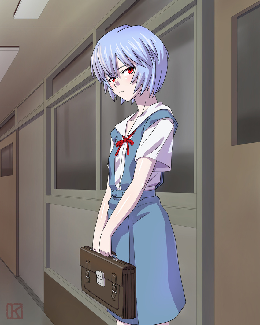 ayanami_rei blue_hair dress female keny neon_genesis_evangelion red_eyes ribbon school_uniform short_hair solo