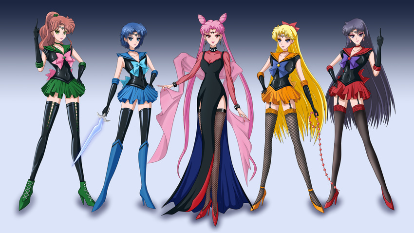 5girls aino_minako ankle_boots bishoujo_senshi_sailor_moon bishoujo_senshi_sailor_moon_crystal bishoujo_senshi_sailor_moon_r black_dress black_hair black_lady_(sailor_moon) black_legwear blonde_hair blue_bow blue_choker blue_eyes blue_footwear blue_hair blue_sailor_collar blue_skirt boots bow breasts brown_hair chibi_usa choker cleavage commentary_request cone_hair_bun corruption crescent crescent_facial_mark cross-laced_footwear crystal_earrings crystal_sword dark_mercury dark_persona dress earrings elbow_gloves eyeshadow facial_mark fingernails gloves green_choker green_eyes green_footwear green_sailor_collar green_skirt hair_bun high_heels highres hino_rei inner_senshi jewelry kino_makoto kiryu_(pixiv1983506) knee_boots lace-up_boots lipstick long_fingernails long_hair long_legs magical_girl makeup medium_breasts middle_finger mizuno_ami multiple_girls orange_choker orange_footwear orange_sailor_collar orange_skirt pink_bow pink_hair purple_bow purple_eyes red_bow red_eyes red_footwear red_sailor_collar red_skirt sailor_collar sailor_jupiter sailor_mars sailor_mercury sailor_senshi sailor_senshi_uniform sailor_venus shoes short_hair skirt sword thighhighs tiara twintails weapon zettai_ryouiki