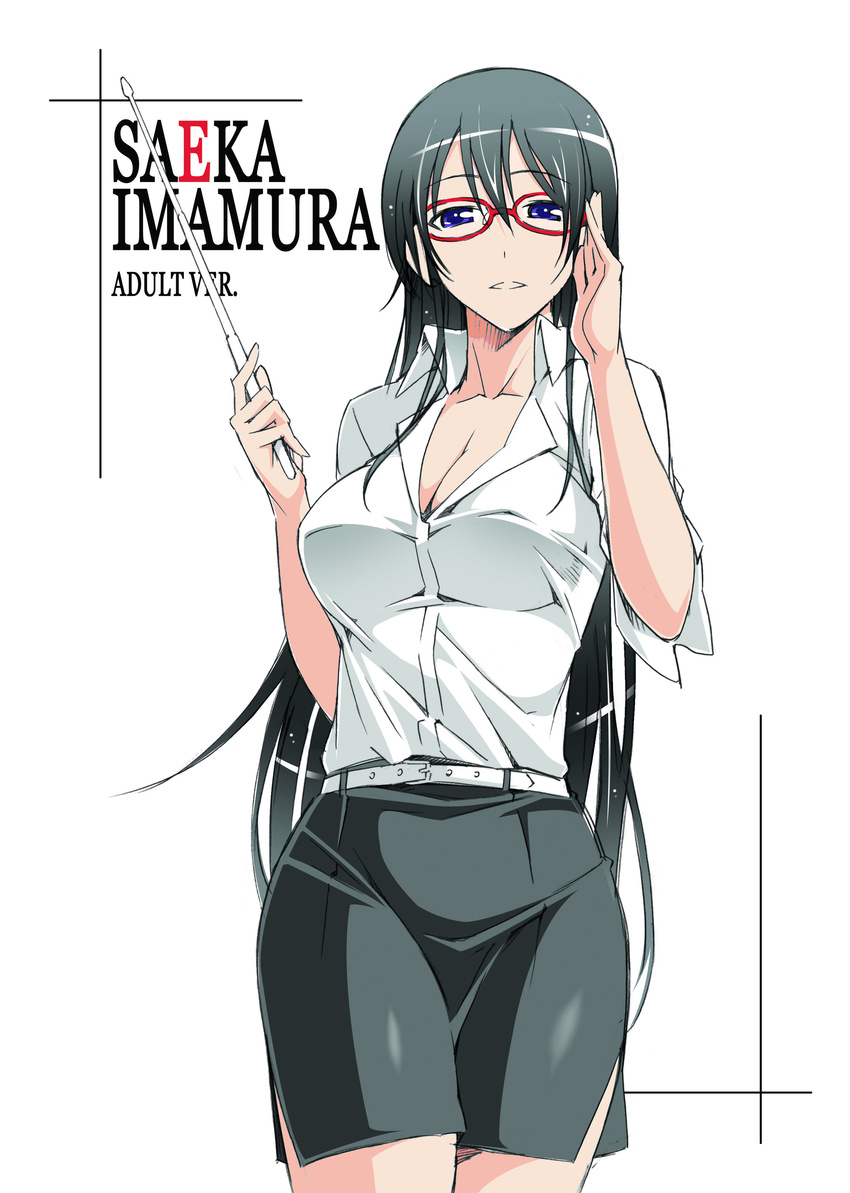 absurdres adjusting_eyewear aged_up belt black_hair blue_eyes breasts character_name cleavage commentary_request dress_shirt english_text female gimp_(medium) glasses highres imamura_saeka large_breasts long_hair looking_at_viewer open_mouth original parted_lips pencil_skirt pointer red-framed_eyewear revision shirt skirt solo spot_color stick suzutsuki_kurara teacher