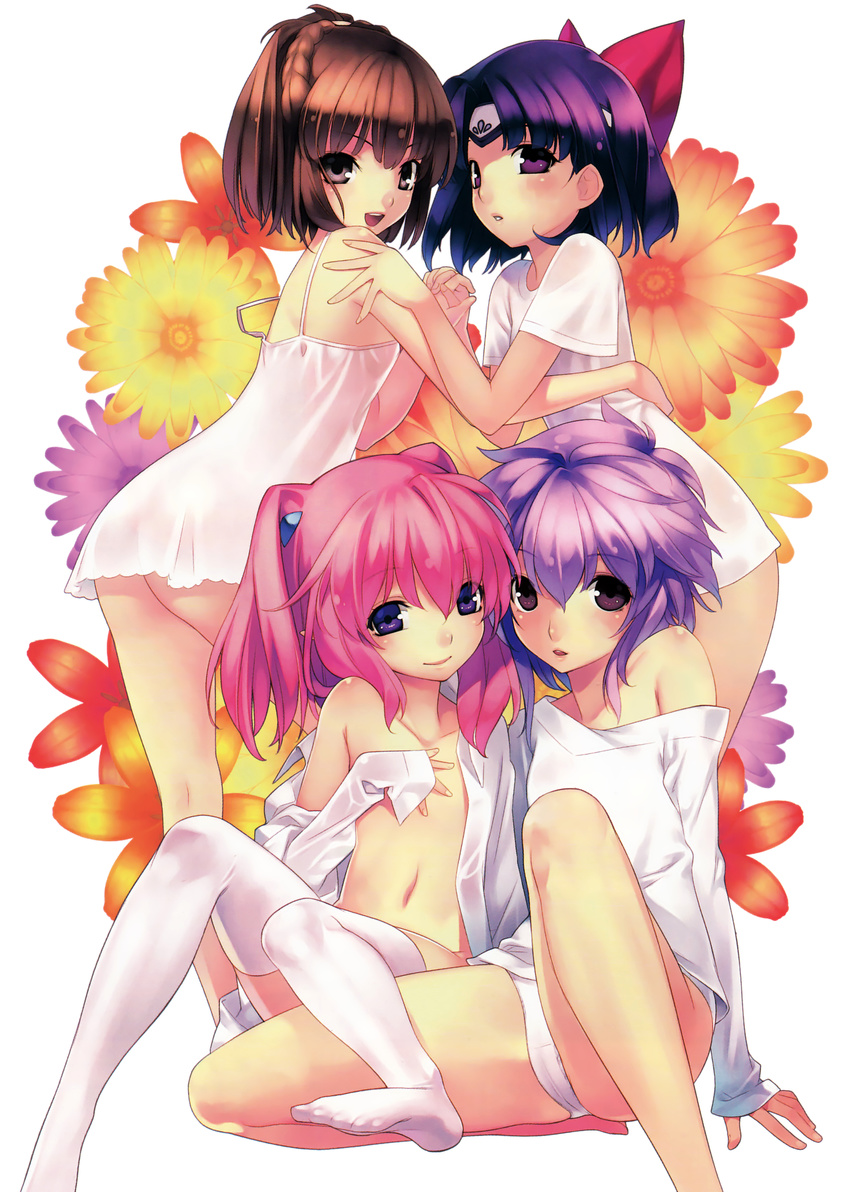 4girls absurdres agarest_senki_(series) agarest_senki_2 aina_(agarest_senki) arm_around_waist arm_support ass bare_legs barefoot black_eyes bow braid breasts brown_hair dress fiona_(agarest_senki) flat_chest flower french_braid hairbow headband highres hirano_katsuyuki holding_hands interlocked_fingers liel_(agarest_senki) looking_at_viewer looking_back multiple_girls navel no_pants off_shoulder official_art open_clothes open_shirt panties parted_lips pink_hair purple_eyes purple_hair ri_ra_rua scan shirt short_dress short_hair sitting sleeves_past_wrists small_breasts smile thighhighs twintails underwear white_dress white_legwear white_panties