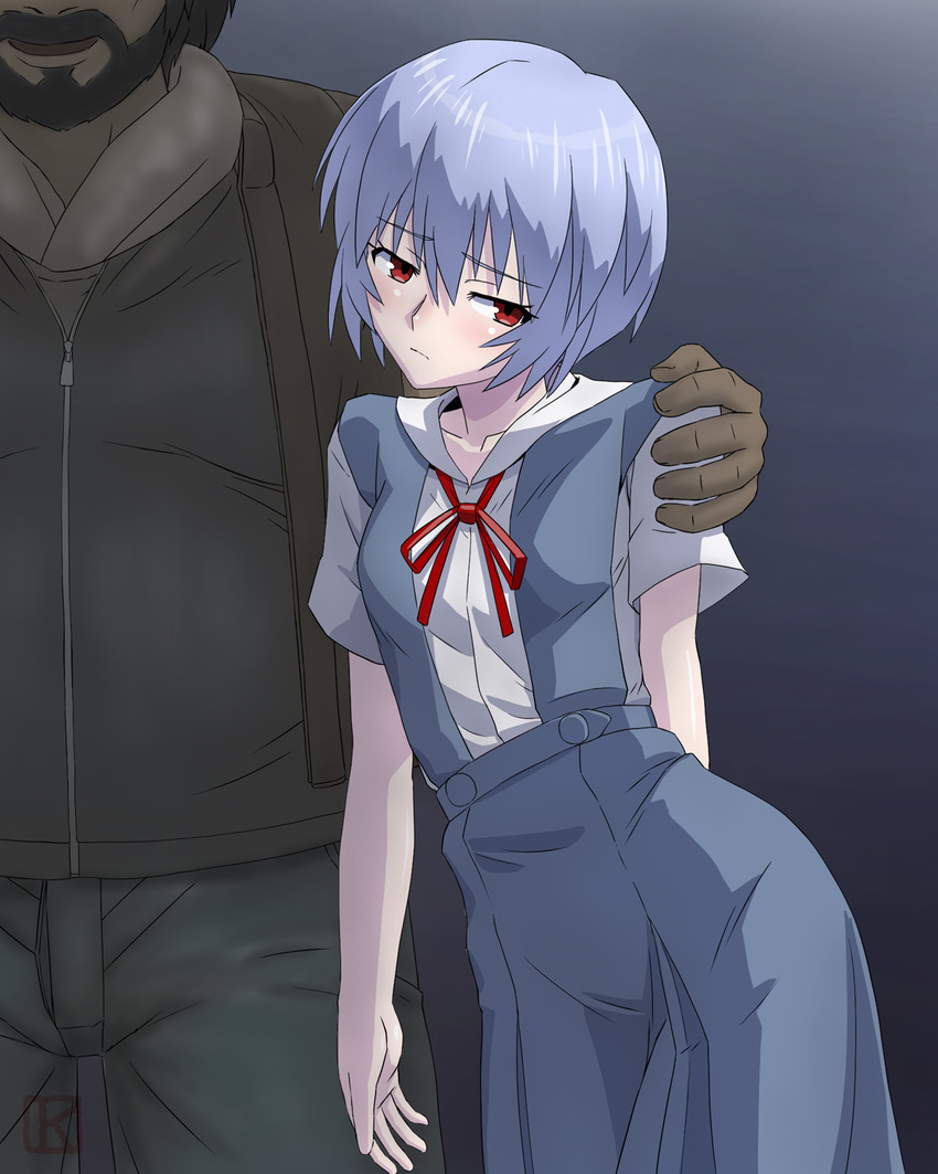 age_difference ayanami_rei blue_hair dress fat_man female homeless keny neon_genesis_evangelion red_eyes school_uniform short_hair size_difference solo_focus ugly_man