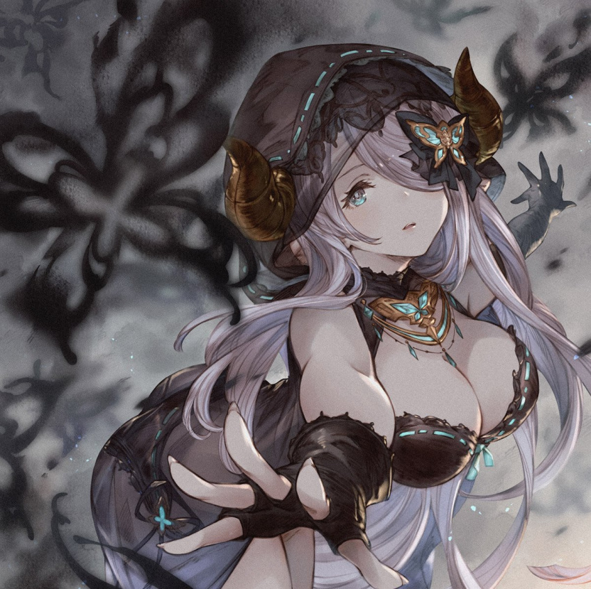 ass blue_eyes breasts bug butterfly butterfly_hair_ornament cleavage cleavage_cutout clothing_cutout commentary_request draph dress female fingerless_gloves fingernails gloves granblue_fantasy hair_ornament hair_over_one_eye hood horns jewelry large_breasts long_hair looking_at_viewer minaba_hideo narmaya_(granblue_fantasy) narmaya_(the_black_butterfly)_(granblue_fantasy) necklace official_alternate_costume official_art open_mouth panties pink_hair see-through simple_background sleeveless solo underwear