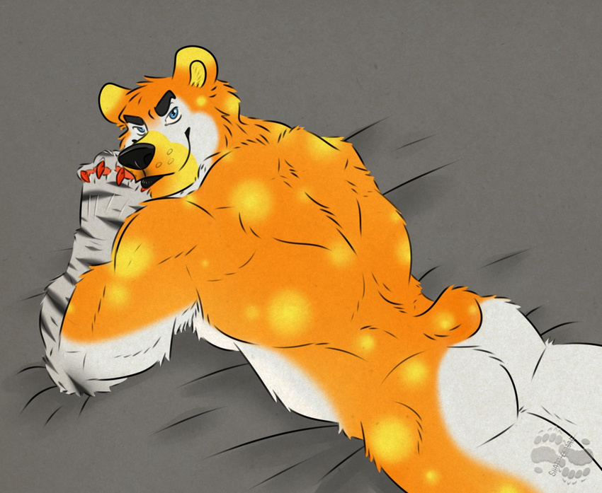 anthro ass bear big_muscles black_nose blue_eyes claws flexing fur looking_at_viewer looking_back lying male mammal manly muscular muscular_anthro muscular_male nude on_front orange_body orange_fur short_tail smile solo spots tail warm_colors white_body white_fur yamatopawa yellow_body yellow_fur