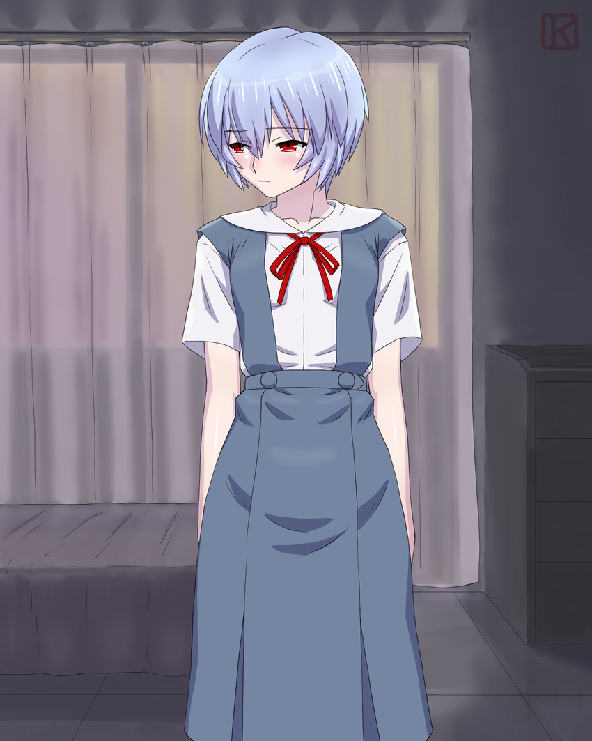 ayanami_rei blue_hair blush dress expressionless female keny looking_away neon_genesis_evangelion red_eyes school_uniform short_hair solo standing