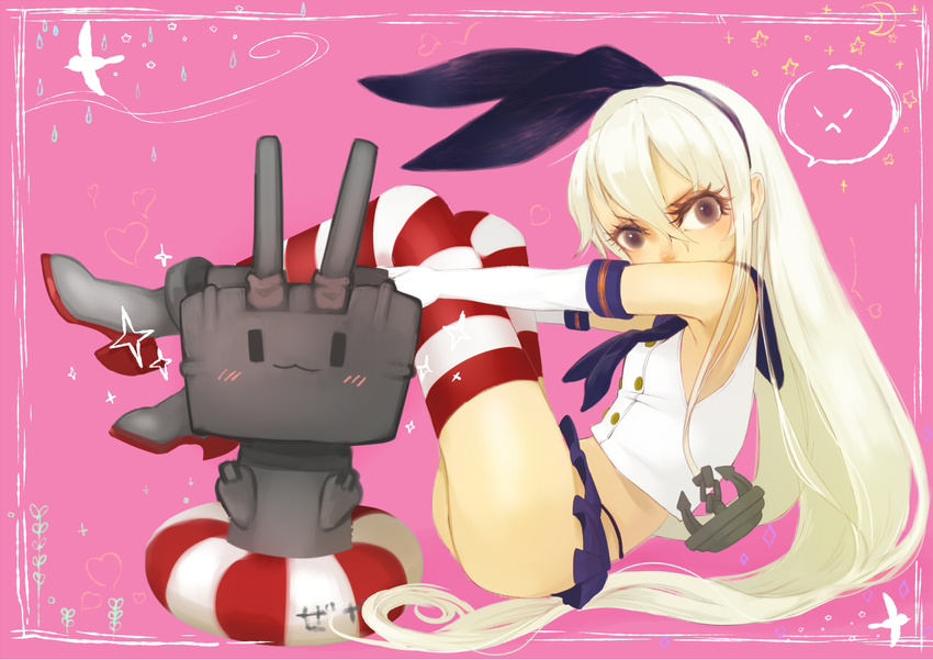 anchor bad_id bad_pixiv_id black_panties blonde_hair brown_eyes commentary_request elbow_gloves female gloves hair_ornament hairband kantai_collection long_hair looking_at_viewer midriff mossan panties shimakaze_(kancolle) sitting skirt solo staring striped_clothes striped_thighhighs thighhighs underwear white_gloves