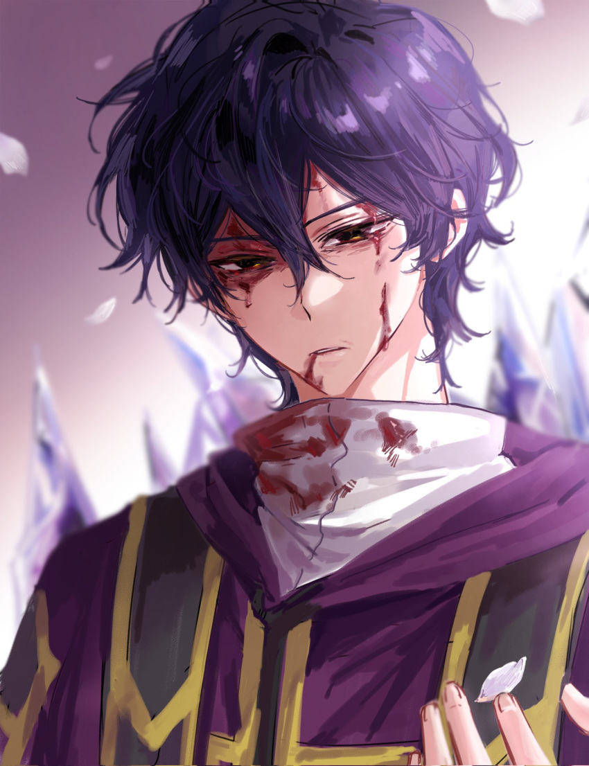 1boy blood blood_from_mouth blood_on_clothes blood_on_face blurry blurry_background commentary_request falling_petals gold_trim hair_between_eyes highres hood hood_down hooded_jacket icicle jacket korean_commentary male_focus parted_lips petals purple_hair purple_jacket saibou_shinkyoku short_hair solo ss_o0_0 stole upper_body utsugi_noriyuki yellow_eyes