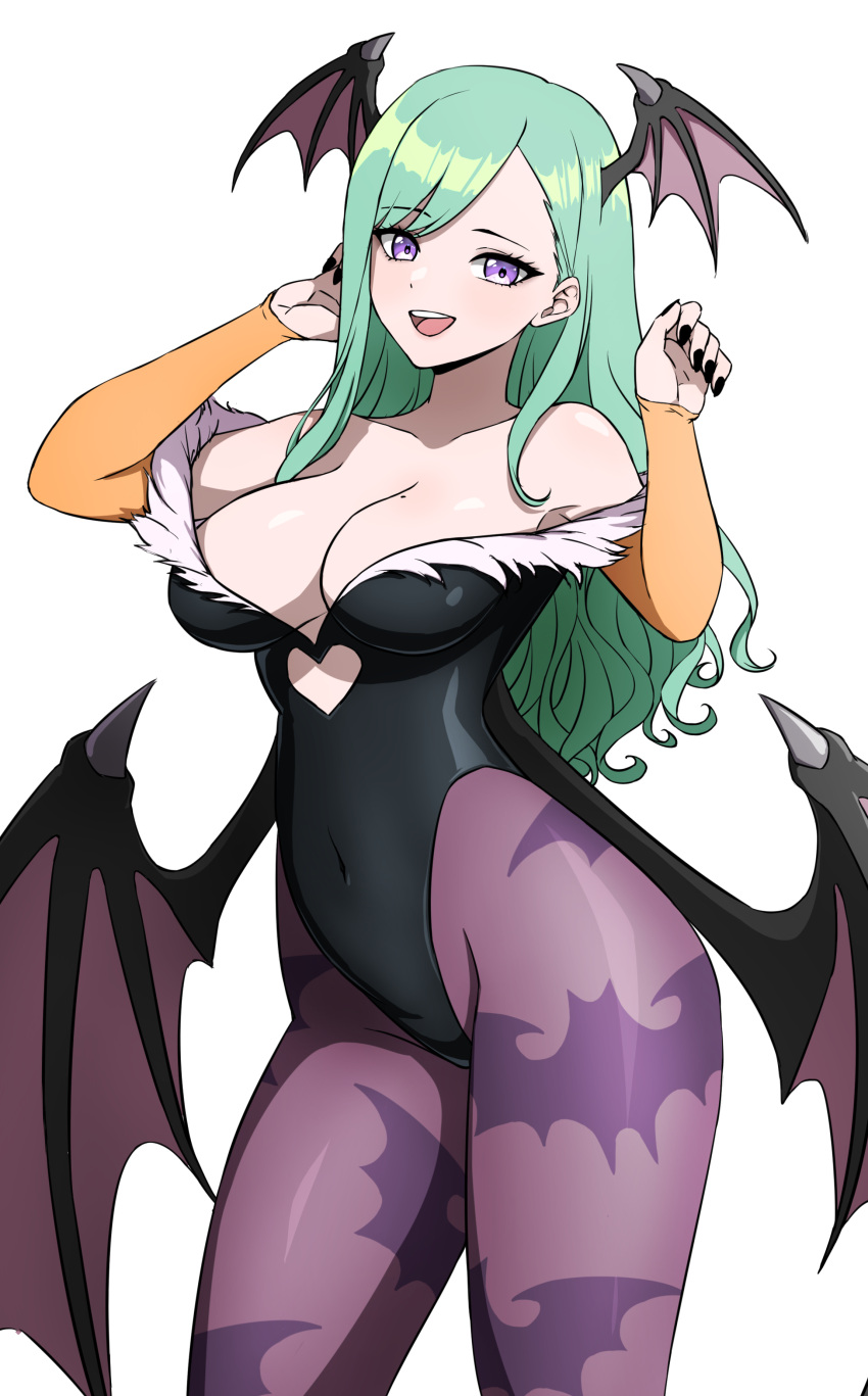 absurdres animal_print bare_shoulders bat_print bat_wings black_nails breasts cleavage clothing_cutout cosplay covered_navel daydarion demon_girl female fur-trimmed_leotard fur_trim gloves green_hair head_wings heart_cutout highres large_breasts leotard long_hair looking_at_viewer low_wings mole mole_on_breast morrigan_aensland morrigan_aensland_(cosplay) off-shoulder_leotard pantyhose print_pantyhose purple_eyes purple_pantyhose purple_wings simple_background smile solo virtual_youtuber vspo! white_background wings yakumo_beni