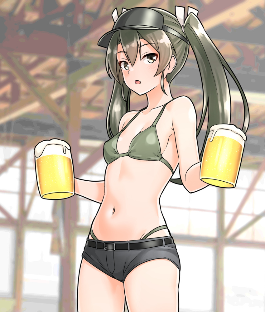 alcohol alternate_costume beer beer_mug bikini black_hat black_shorts breasts commentary_request cowboy_shot cup female furaggu_(frag_0416) green_bikini green_eyes grey_hair hat highres kantai_collection long_hair mug navel short_shorts shorts small_breasts solo swimsuit twintails visor_cap zuikaku_(kancolle)