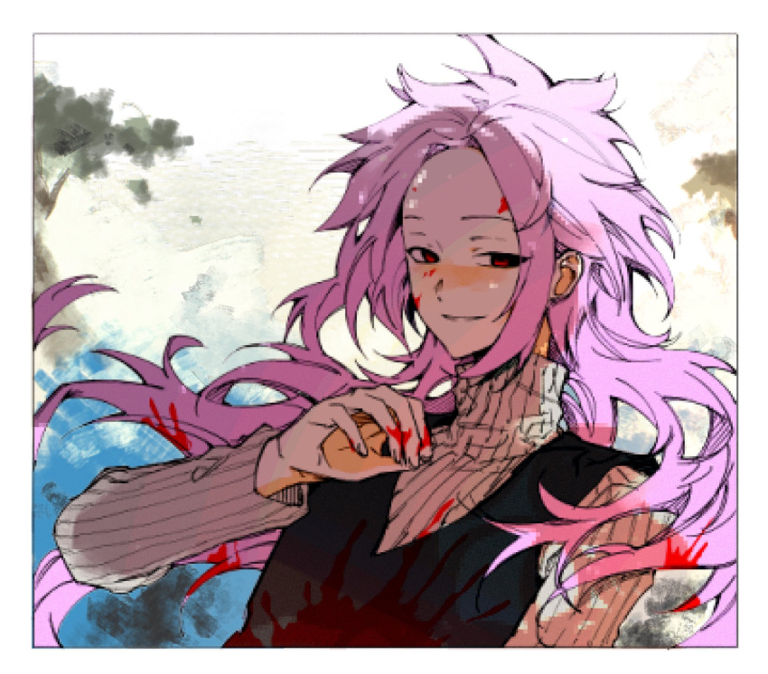 1boy black_vest blood blood_in_hair blood_on_clothes blood_on_face blood_on_hands border film_grain forehead goodnightnonnon grey_sweater hand_up hashtag-only_commentary hatsutori_hajime highres long_hair long_sleeves male_focus open_mouth pink_hair red_eyes ribbed_sweater saibou_shinkyoku smile solo sweater turtleneck turtleneck_sweater upper_body vest white_border