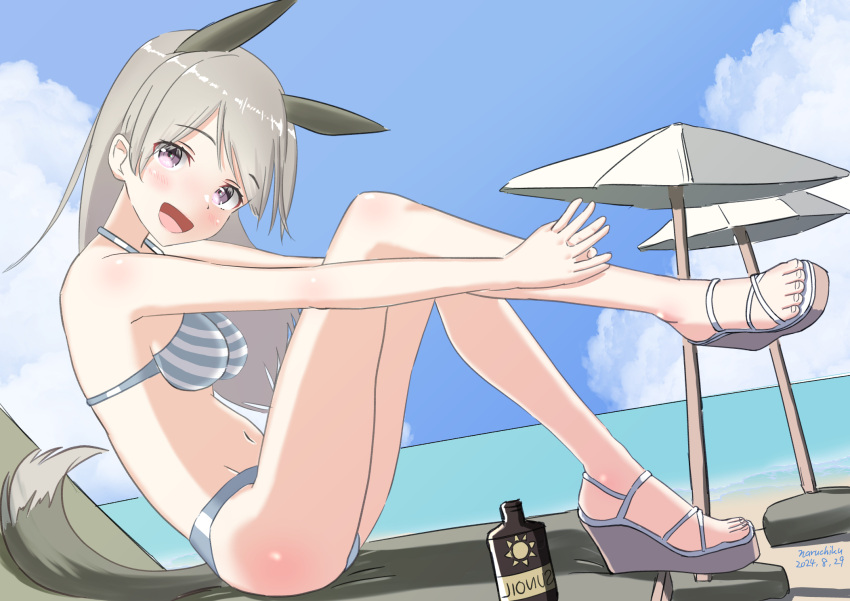 animal_ears bikini blush breasts eila_ilmatar_juutilainen female fox_ears fox_tail highres large_breasts long_hair looking_at_viewer naruchisukisuki navel ocean open_mouth outdoors purple_eyes sky smile solo strike_witches striped_bikini striped_clothes swimsuit tail white_hair world_witches_series