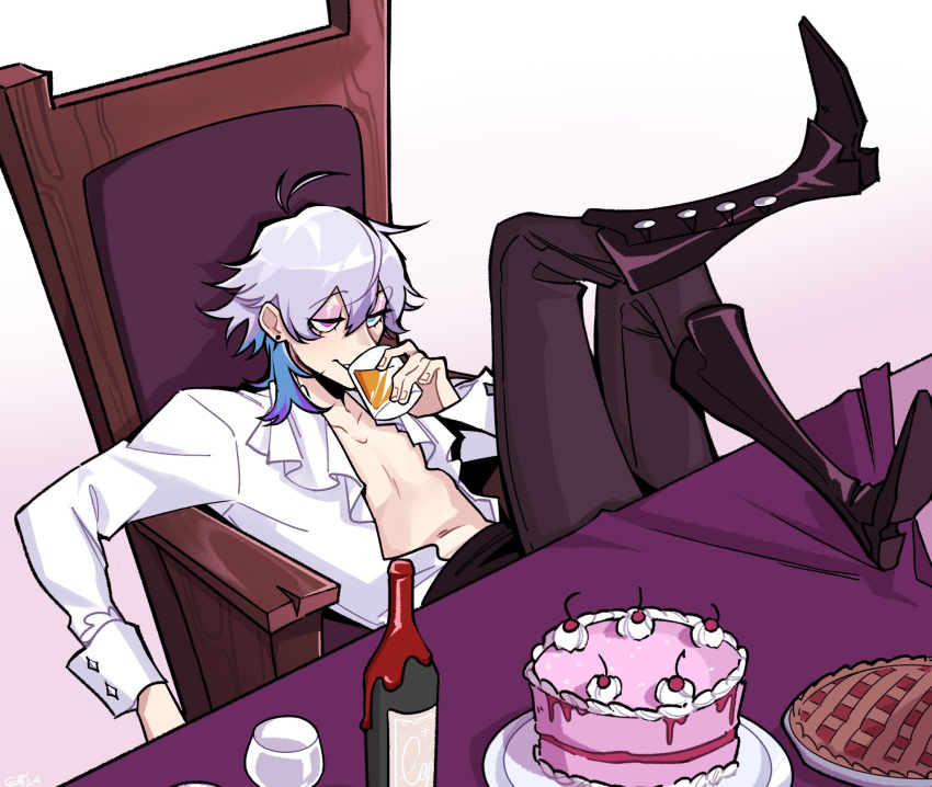 1boy alcohol bishounen black_pants blue_eyes blue_hair boots bottle cake cherry_pie crossed_legs cup drinking earrings english_commentary eyelashes eyeshadow feet_on_table food frilled_shirt frills gavis_bettel gigglepox grey_hair hair_between_eyes heterochromia highres holding holding_cup holostars holostars_english jewelry knee_boots leg_up long_sleeves makeup male_focus medium_hair multicolored_hair on_chair open_clothes open_shirt pants pie pink_eyes pink_hair purple_eyeshadow shirt sitting slouching smile solo stud_earrings tablecloth virtual_youtuber