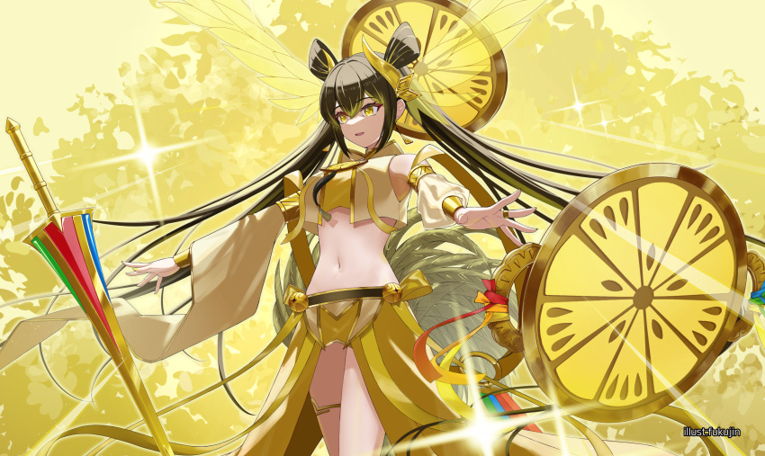 absurdres armlet artist_name bandeau bare_shoulders black_hair breasts commentary_request cowboy_shot crop_top detached_sleeves duel_monster earrings female floating floating_object floating_sword floating_weapon folded_twintails fukujin gold_choker hair_between_eyes highres jewelry long_hair medium_breasts midriff navel ohime_the_manifested_mikanko parted_lips ring shield sidelocks skirt solo sparkle standing sword thighlet very_long_hair weapon wing_hair_ornament wristlet yellow_background yellow_bandeau yellow_eyes yellow_skirt yellow_sleeves yu-gi-oh!