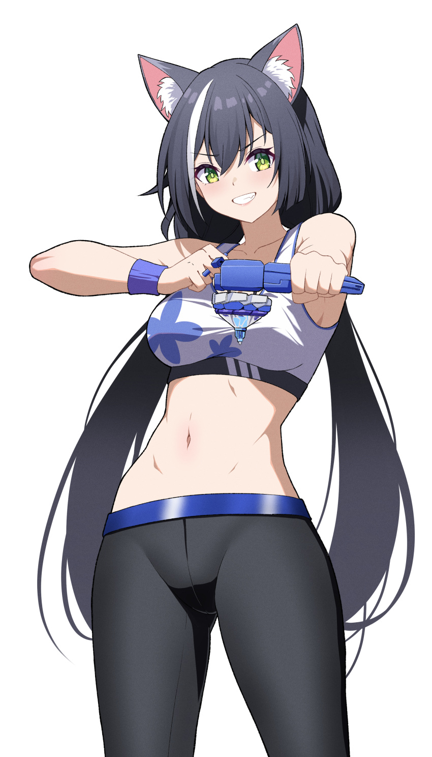 absurdres animal_ear_fluff animal_ears beyblade_(object) black_hair black_pants blue_archive blue_wristband blush cat_ears cat_girl collarbone commission cosplay female green_eyes hands_up highres holding karyl_(princess_connect!) long_hair looking_at_viewer low_twintails midriff mixed-language_commentary multicolored_hair navel pants princess_connect! reia_76 simple_background smile solo sports_bra stomach streaked_hair sumire_(blue_archive) sumire_(blue_archive)_(cosplay) twintails v-shaped_eyebrows white_background white_hair white_sports_bra yoga_pants