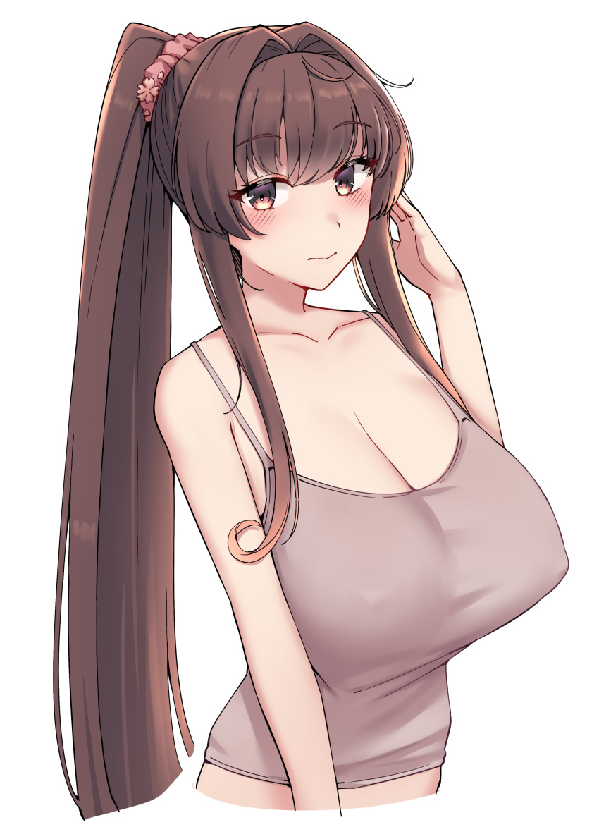 absurdres alternate_costume breasts brown_eyes brown_hair brown_tank_top cleavage commentary_request female hair_intakes highres kantai_collection kiritto large_breasts ponytail sidelocks simple_background solo tank_top upper_body white_background yamato_(kancolle)