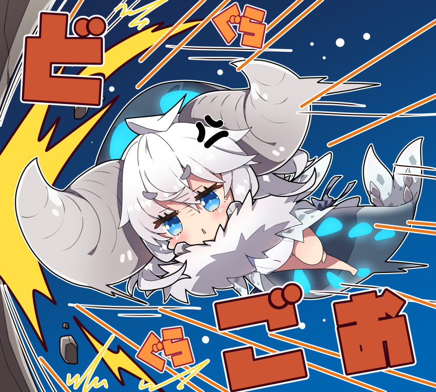 absurdres anger_vein barefoot blue_background blue_eyes ceadeus chibi commentary_request covered_navel female full_body fur_trim grey_hair hair_between_eyes highres horns milkpanda monster_hunter_(series) old_school_swimsuit one-piece_swimsuit parted_lips personification school_swimsuit short_eyebrows smear_frame solo swimsuit tail thick_eyebrows turn_pale v-shaped_eyebrows white_one-piece_swimsuit