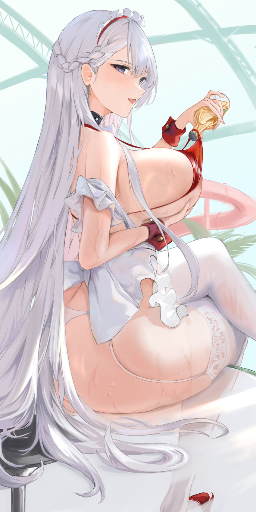 absurdres apron azur_lane bare_shoulders belfast_(azur_lane) belfast_(blissful_service)_(azur_lane) bikini blue_eyes blush breasts chunchilin female garter_straps highres holding huge_breasts long_hair looking_at_viewer maid_headdress official_alternate_costume purple_eyes red_bikini smile solo swimsuit thighhighs thighs white_apron white_garter_straps white_hair white_headdress white_thighhighs wrist_cuffs