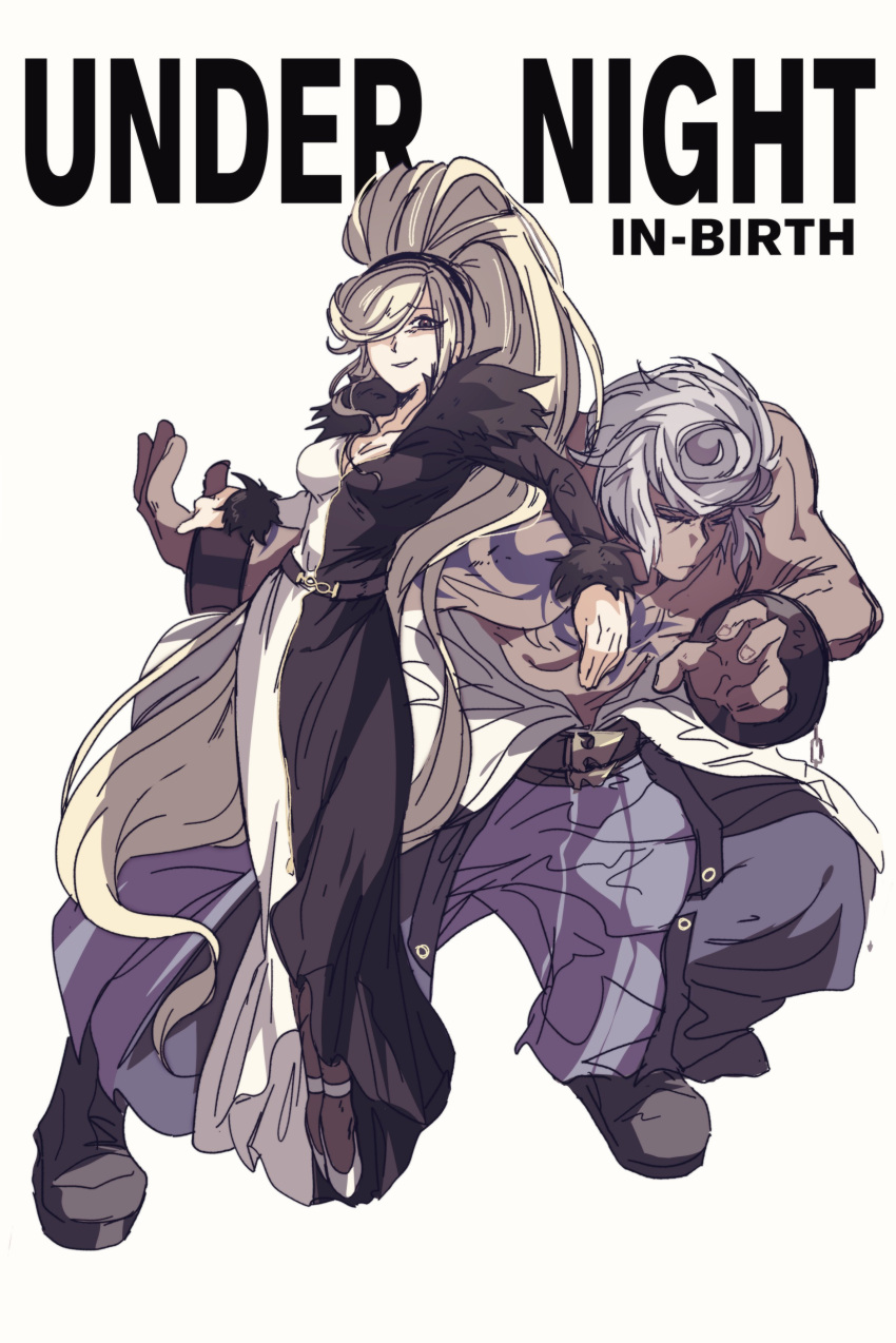 1boy absurdly_long_hair absurdres bare_pectorals blonde_hair breasts cleavage closed_eyes cuffs dark-skinned_male dark_skin dress enkidu_(under_night_in-birth) female fur_trim high_ponytail highres hilda_(under_night_in-birth) large_breasts long_hair multicolored_clothes multicolored_dress muscular muscular_male off-shoulder_dress off_shoulder pectorals ponytail shackles short_hair smile sora_(zombiebathwater) swept_bangs tattoo two-tone_dress under_night_in-birth under_night_in-birth_exe:late[st] very_long_hair white_hair