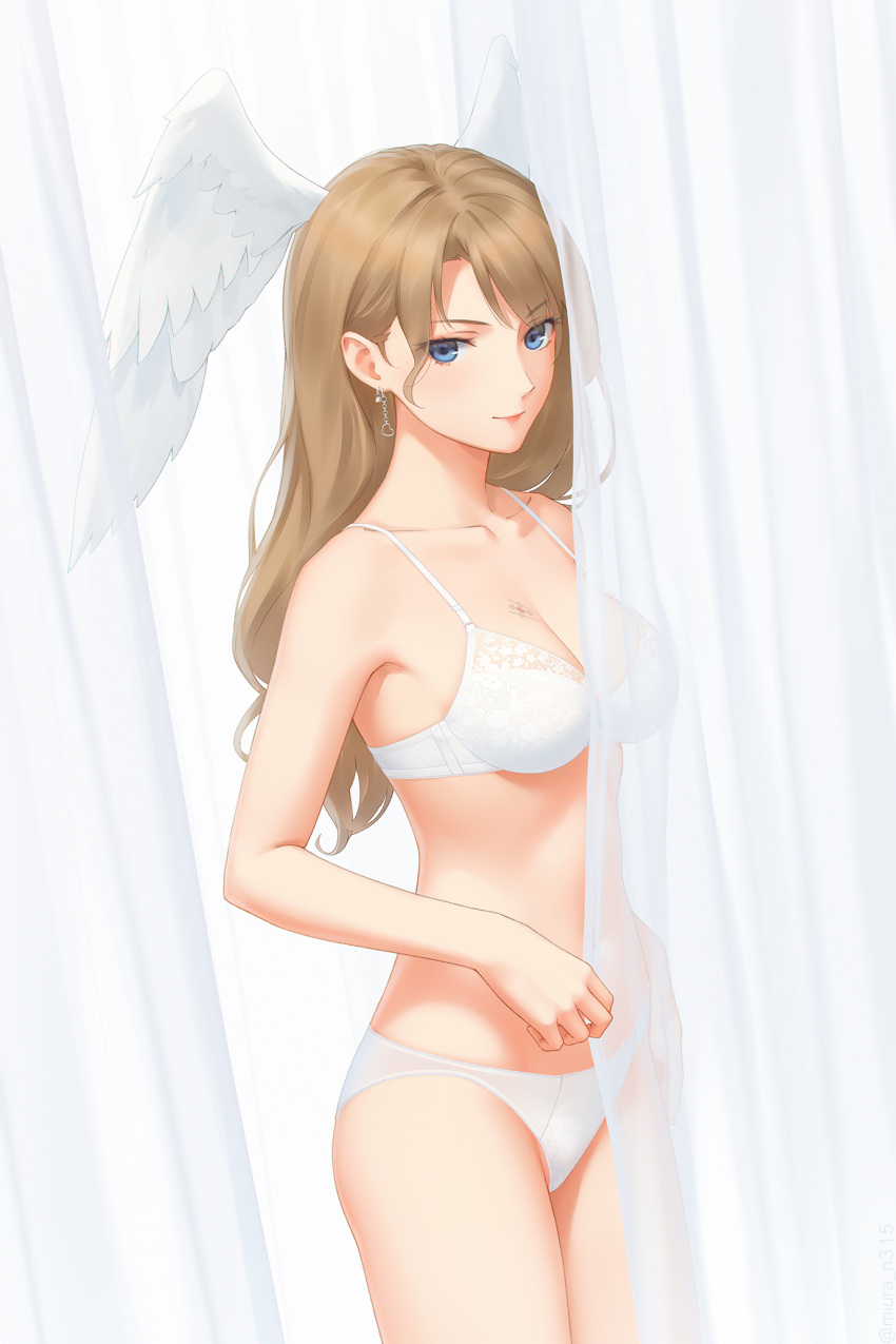 blue_eyes breast_tattoo breasts brown_hair earrings eunie_(xenoblade) female head_wings highres jewelry large_breasts long_hair looking_at_viewer miura-n315 panties smile solo tattoo underwear underwear_only white_panties white_wings wings xenoblade_chronicles_(series) xenoblade_chronicles_3