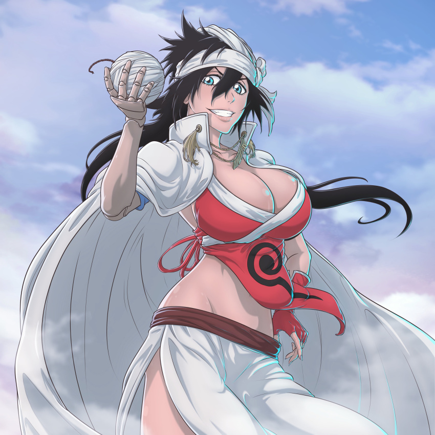 absurdres amputee bandaged_head bandages black_hair bleach blue_eyes breasts cape cleavage female fingernails highres holding holding_yarn large_breasts long_hair looking_at_viewer midriff prosthesis prosthetic_arm shiba_kuukaku smile solo sonzhondaya standing teeth wooden_arm yarn yarn_ball