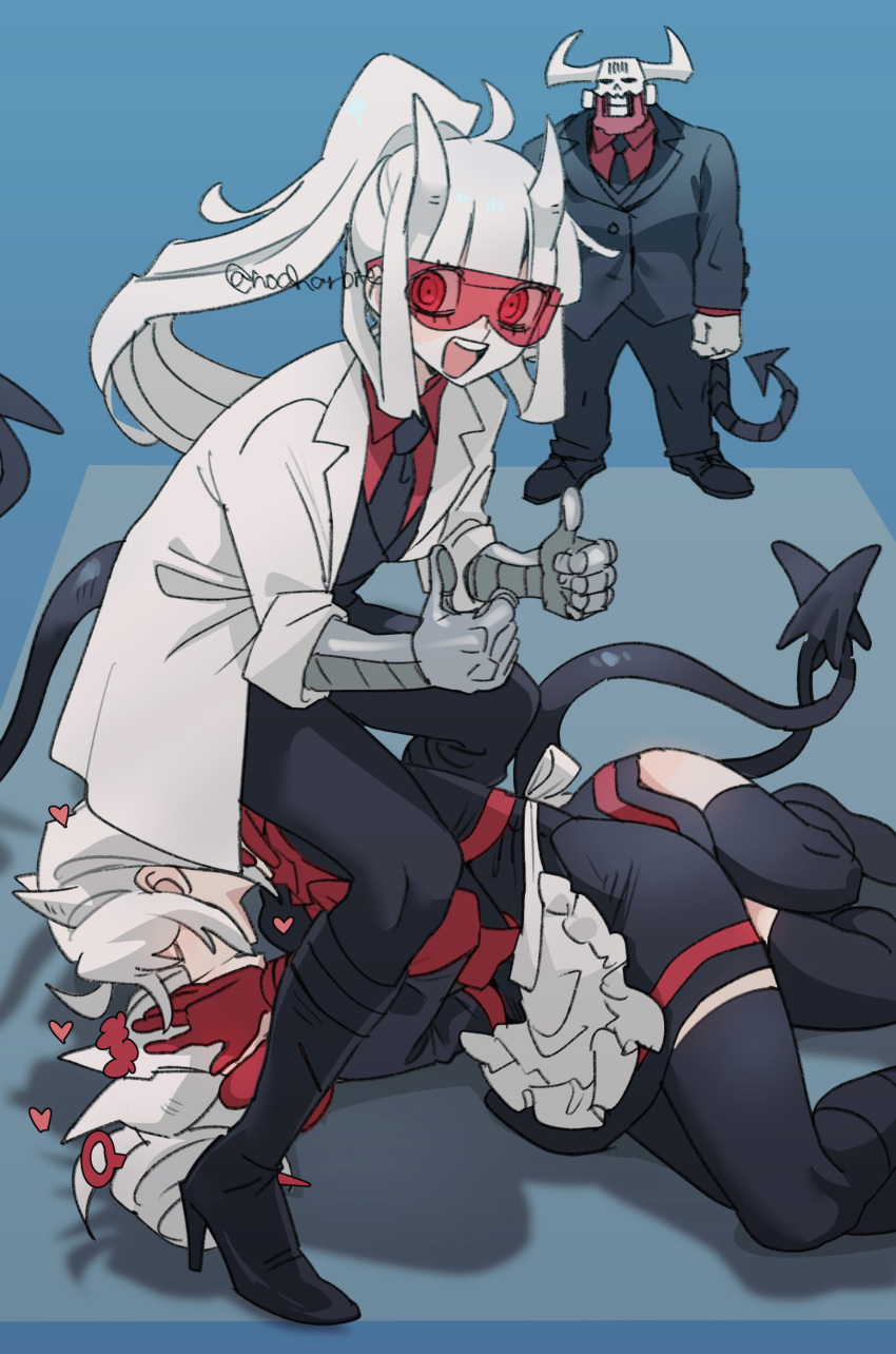 1boy 3girls :d absurdres black_footwear black_pants blue_background boots demon_girl demon_horns helltaker highres horns justice_(helltaker) kissing lab_coat long_hair looking_at_viewer loremaster_(helltaker) lucifer_(helltaker) multiple_girls noah_(tettsui-sole) open_mouth pants ponytail red_eyes smile subject_67_(helltaker) sunglasses thumbs_up twitter_username white_hair white_horns yuri