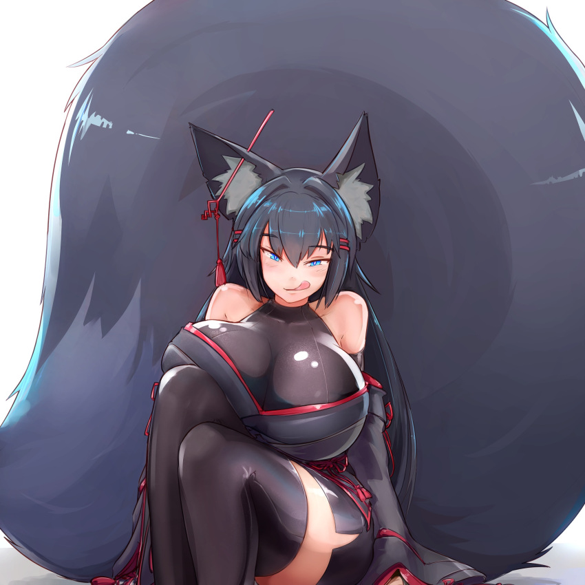 animal_ear_fluff animal_ear_piercing animal_ears bare_shoulders black_hair black_tail black_thighhighs blue_eyes borrowed_character breasts cleavage ear_piercing female fox_ears fox_tail hair_ornament hairclip highres huge_breasts kiri_(sub-res) large_tail licking_lips long_hair original piercing platinum_(mantafriend) simple_background sitting solo tail thighhighs tongue tongue_out very_long_hair