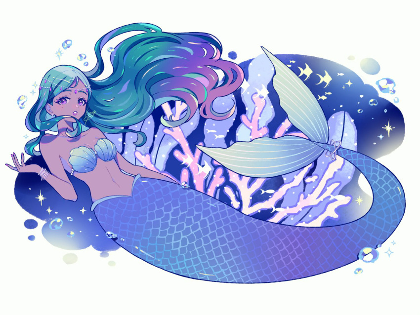 aqua_hair bare_arms bare_shoulders blue_hair breasts bubble cleavage coral_reef female kisaragi_yuu_(fallen_sky) lips long_hair looking_at_viewer mermaid monster_girl navel original purple_eyes shell shell_bikini solo underwater