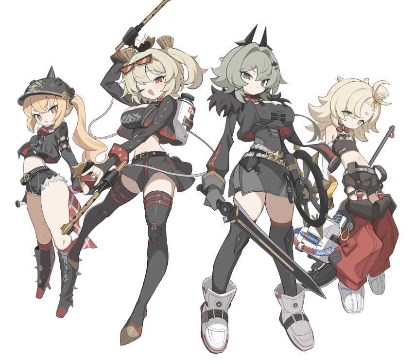 4girls absurdres baseball_bat belt black_belt black_helmet black_horns black_jacket black_shorts black_skirt black_thighhighs black_tube_top blonde_hair boots breasts burnice_white caesar_king_(zenless_zone_zero) choker combat_helmet crop_top cutoffs detached_pants flamethrower fur-trimmed_jacket fur_trim gloves green_eyes green_hair grey_belt hair_intakes half_gloves helmet highres holding holding_baseball_bat holding_flamethrower holding_shield holding_sword holding_weapon horns jacket ketsu_juuji_killer_(kejuki) knee_boots large_breasts looking_at_viewer luciana_de_montefio mask mask_around_neck metal_baseball_bat midriff multiple_girls one_eye_closed open_mouth pants pickelhaube piper_wheel red-tinted_eyewear red_choker red_pants shield shorts simple_background skirt small_breasts strapless sword thighhighs tinted_eyewear tube_top weapon white_background white_footwear yellow_gloves zenless_zone_zero