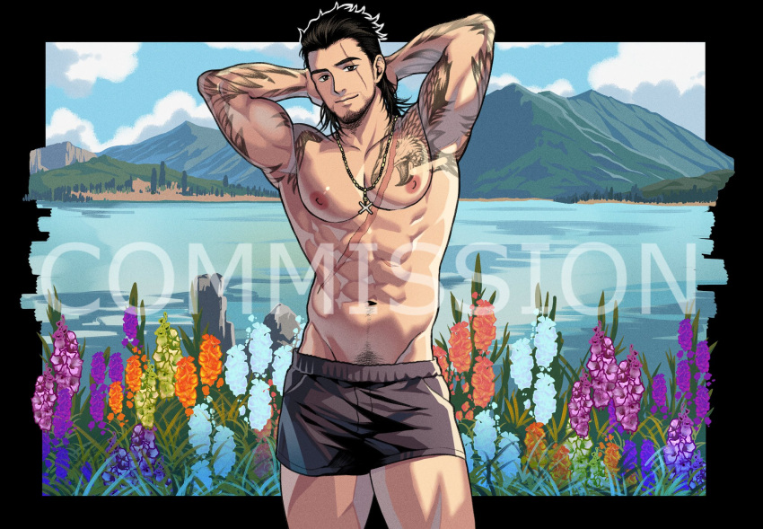 1boy abs arm_behind_head arm_tattoo armpits bara beard_stubble black_eyes black_hair black_male_underwear blue_sky chest_tattoo closed_mouth cloud commission english_commentary facial_hair final_fantasy final_fantasy_xv flower gladiolus_amicitia highres kollyanna lake male_focus male_underwear mountainous_horizon muscular muscular_male navel nipples pectorals scar scar_across_eye scar_on_chest scar_on_face scar_on_stomach sky smile stubble tattoo topless_male underwear watermark