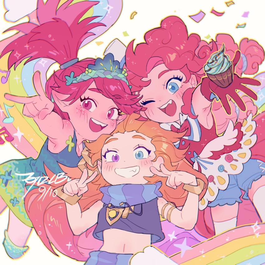 3girls bloomers blue_eyes blue_hair chinese_commentary colored_skin commentary_request confetti crop_top crossover crown cupcake curly_hair double_v dress food frills gradient_hair grin highres horse_girl horse_tail league_of_legends long_hair looking_at_viewer low-tied_long_hair midriff multicolored_hair multiple_girls musical_note my_little_pony my_little_pony:_friendship_is_magic navel official_alternate_costume one_eye_closed orange_hair personification pink_eyes pink_hair pink_skin pinkie_pie_(mlp) pointy_ears ponytail purple_eyes queen_poppy rainbow scarf signature simple_background smile tail trait_connection trolls_(series) v white_background zhangtui_de_luobu zoe_(league_of_legends)