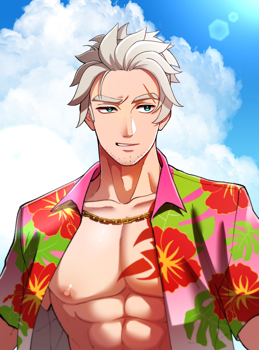 1boy abs absurdres aqua_eyes bare_pectorals blue_sky chains chest_tattoo cloud commentary_request eyebrow_cut facial_hair floral_print goatee_stubble grey_hair highres large_pectorals lens_flare logan_(my_time_at_sandrock) male_focus mugicha_(zoro1132) my_time_at_portia my_time_at_sandrock open_clothes open_shirt pectorals raised_eyebrow sky smile solo stubble tattoo