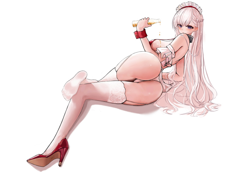 absurdres ass azur_lane belfast_(azur_lane) belfast_(blissful_service)_(azur_lane) bottle braid collar female from_behind garter_straps glass_bottle high_heels highres holding holding_bottle holding_glass_bottle lace-trimmed_thighhighs lace_trim long_hair looking_at_viewer maid maid_headdress mesc_(bfwz529650971) metal_collar official_alternate_costume purple_eyes red_footwear simple_background solo thighhighs very_long_hair white_background white_garter_straps white_hair white_thighhighs wrist_cuffs