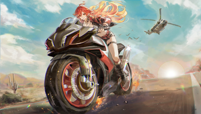 aircraft black_jacket blue_sky cloud day english_commentary female genshin_impact helicopter highres jacket long_sleeves mavuika_(genshin_impact) midriff motor_vehicle motorcycle multicolored_hair orange_hair outdoors red_hair sky smile solo xude