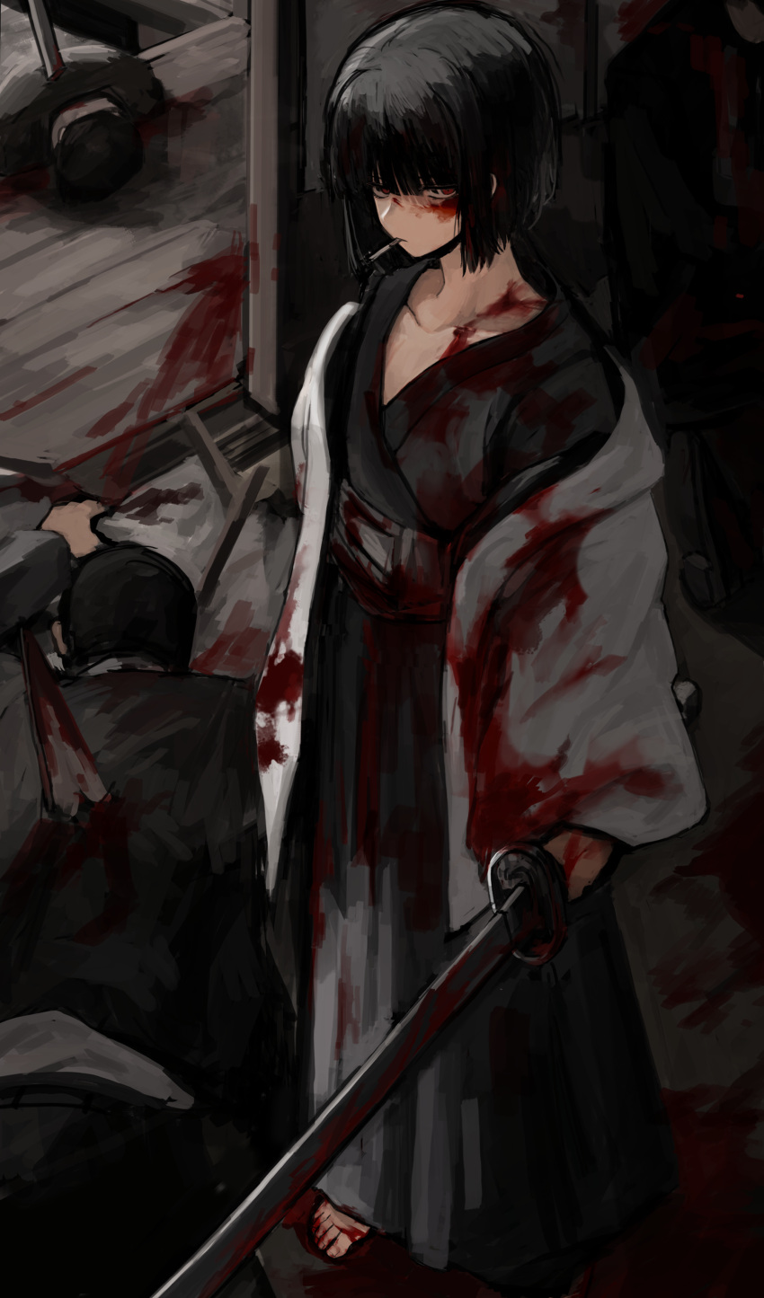 2boys absurdres badnick69_(camchi) barefoot black_hair black_kimono black_sash blood blood_on_clothes blood_on_face bob_cut corpse female highres holding holding_sword holding_weapon jacket japanese_clothes katana kimono limbus_company long_sleeves looking_at_viewer multiple_boys project_moon red_eyes ryoshu_(project_moon) sash short_hair sword weapon white_jacket wide_sleeves