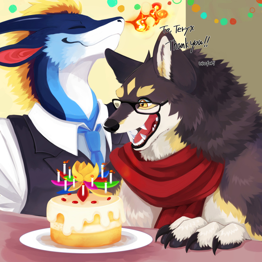 anthro athletic birthday birthday_cake butler cake candle canid canine canis couple_(disambiguation) dessert dragon favonius fire food hair hi_res invalid_tag lotus_candle male male/male mammal mane mane_hair mythological_creature mythological_scalie mythology rain_dragon scalie skeb teryx teryx_commodore urotori wolf zephyxus