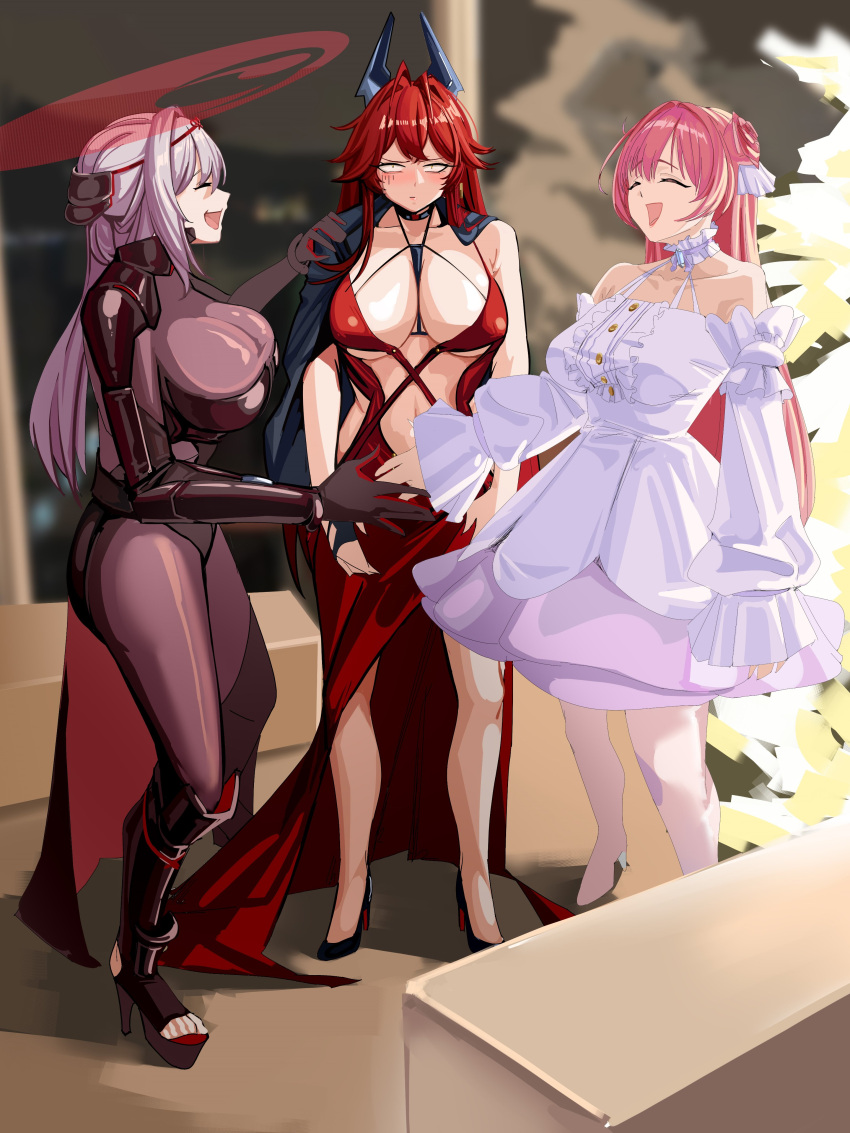 3girls absurdres armor armored_bodysuit bodysuit brown_bodysuit dorothy_(nikke) dress evening_gown frilled_dress frills goddess_of_victory:_nikke hair_bun highres horns japanese_armor mechanical_horns multiple_girls pink_hair red_dress red_hood_(nikke) red_hood_(nonsense_red)_(nikke) scarlet_(black_shadow)_(nikke) scarlet_(nikke) side_cape single_side_bun slug_1356 tight_clothes tight_dress two-tone_cape visor_(armor) white_dress