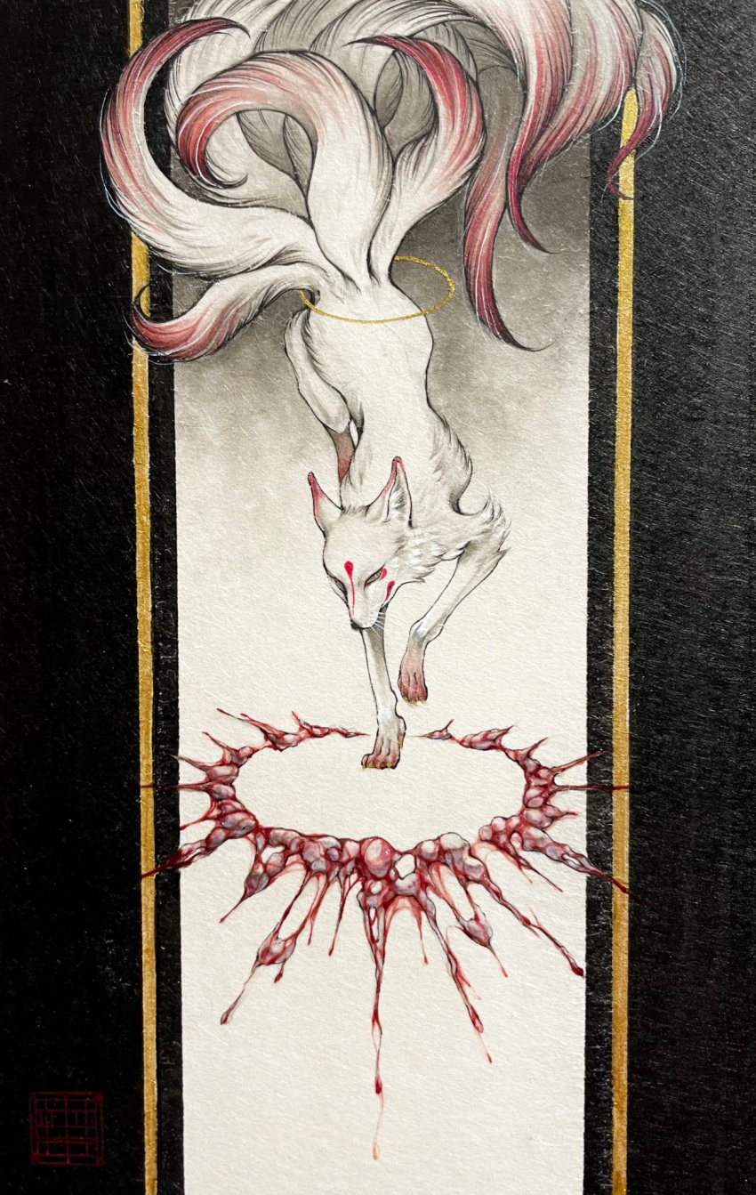 animal_focus blood facial_mark fox full_body highres kitsune kyuubi meimaro multiple_tails no_humans organs original painting_(medium) tail traditional_media white_fur