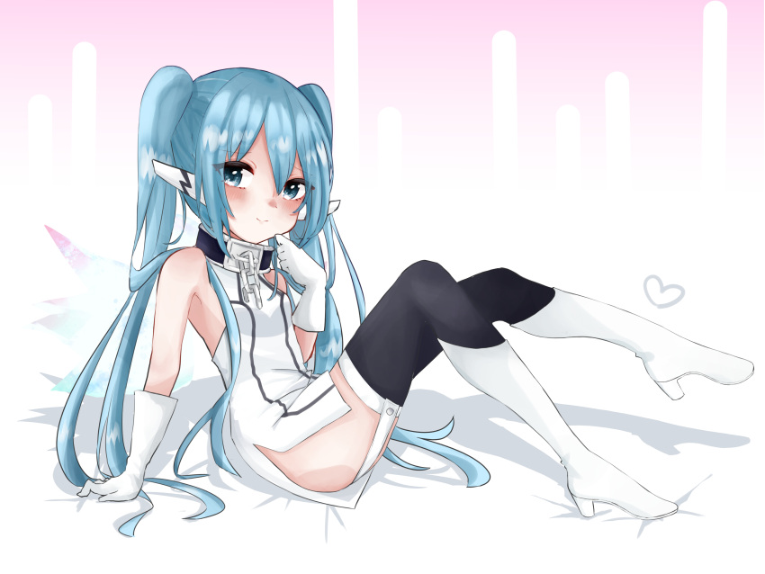 absurdres aqua_eyes black_thighhighs blue_hair blush boots chains closed_mouth collar dress fairy_wings female garter_straps gloves heart high_heels highres knee_boots long_hair looking_at_viewer metal_collar ninonn nymph_(sora_no_otoshimono) pointy_ears robot_ears short_dress sitting sleeveless sleeveless_dress smile solo sora_no_otoshimono thighhighs twintails white_dress white_footwear white_garter_straps white_gloves wings